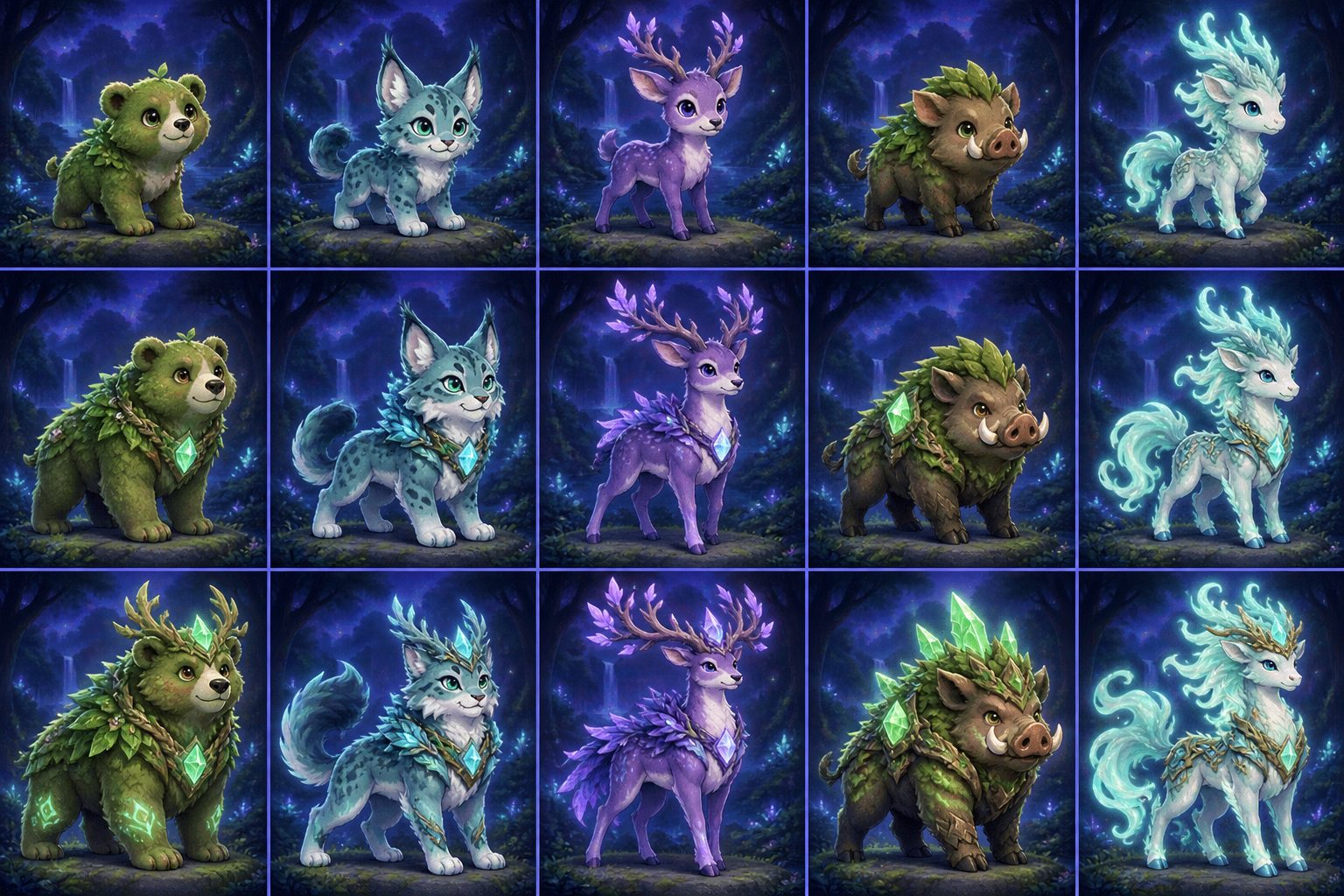 Forest animal evolution portraits showing increasingly detailed companion forms