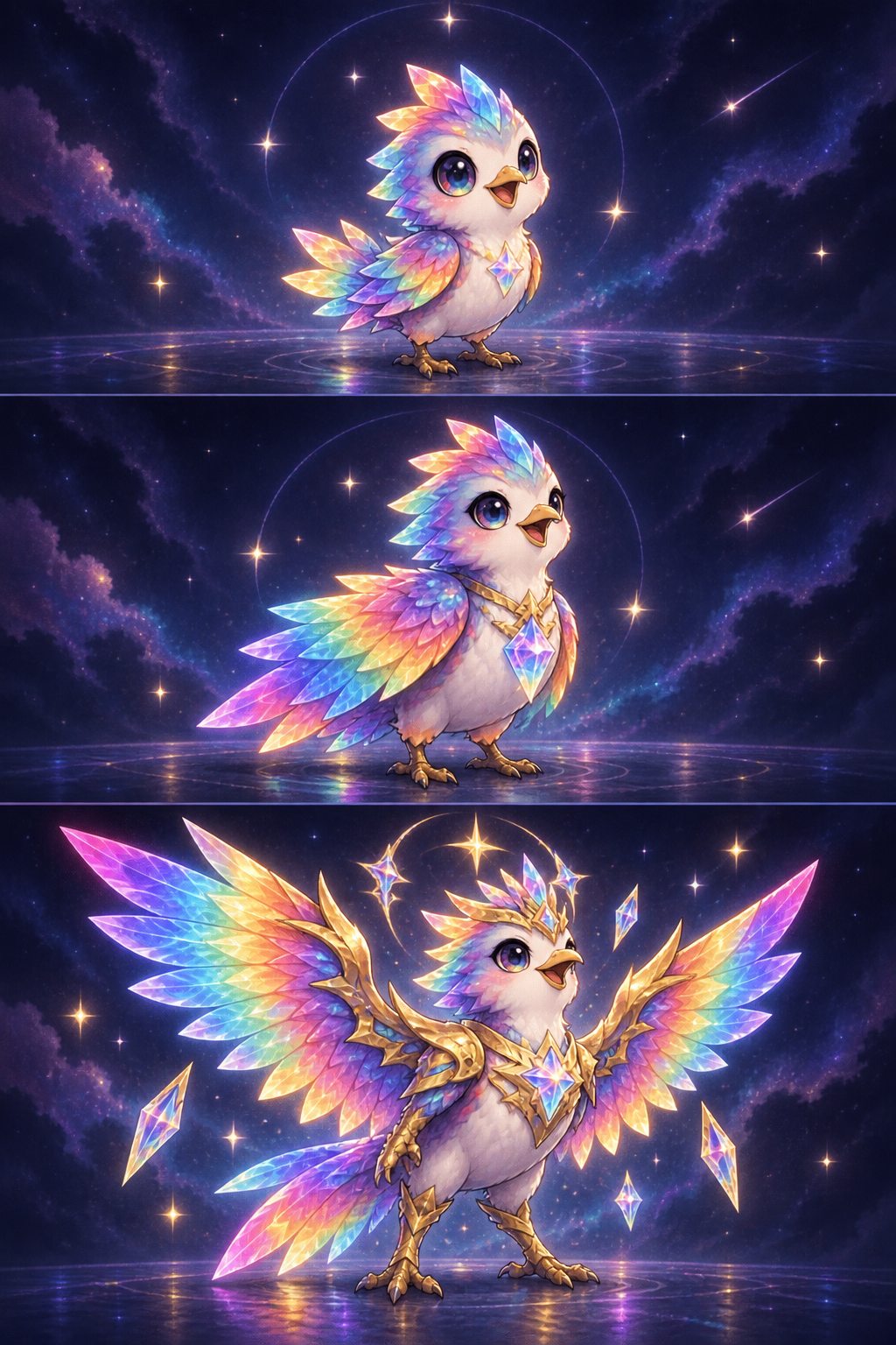 Prism Starling pet changing through three detailed visual evolution stages