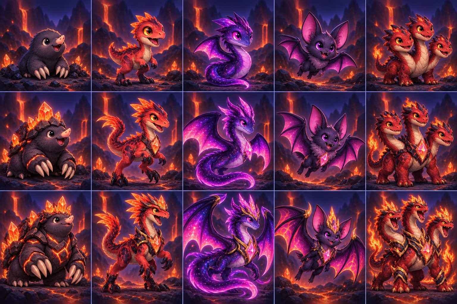 Volcano animal evolution art representing late-game permanent progression